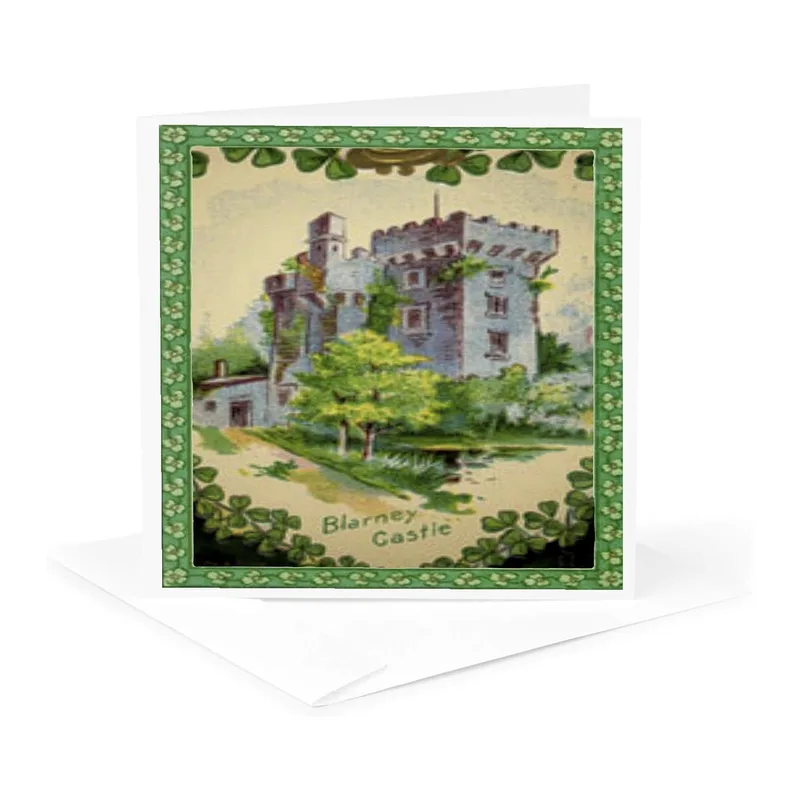 Green Framed Castle Painting Card: Vintage Blarney Design