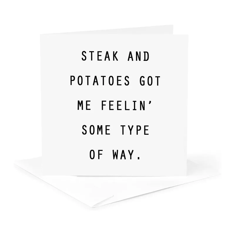 Black Typewriter Text White Card: Steak and Potatoes Greeting