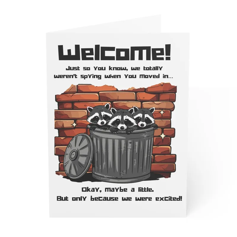 Raccoons Brick Trash New Home Card for Funny Neighbor Greetings