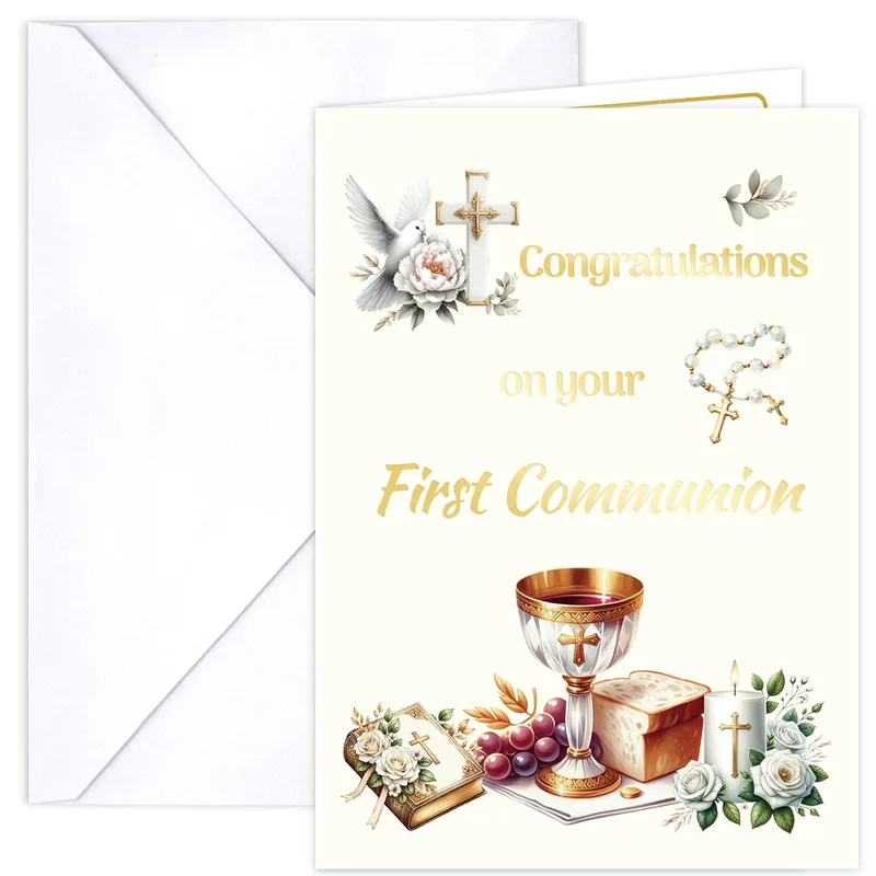 Gold Chalice White Roses Card Celebrating a First Communion Milestone