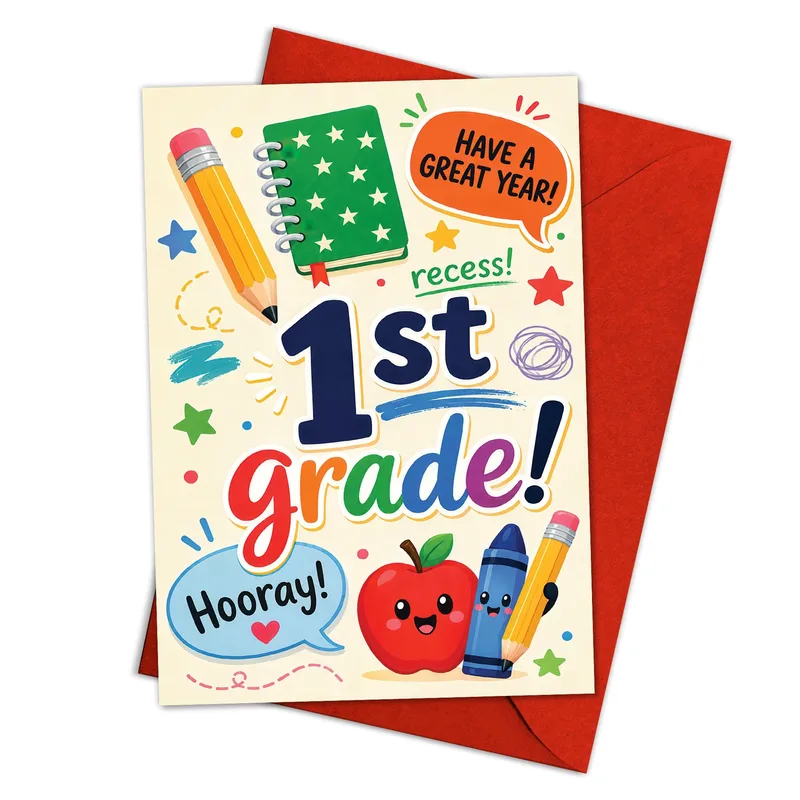 Colorful School Supplies Card Celebrating First Grade with Fun Art