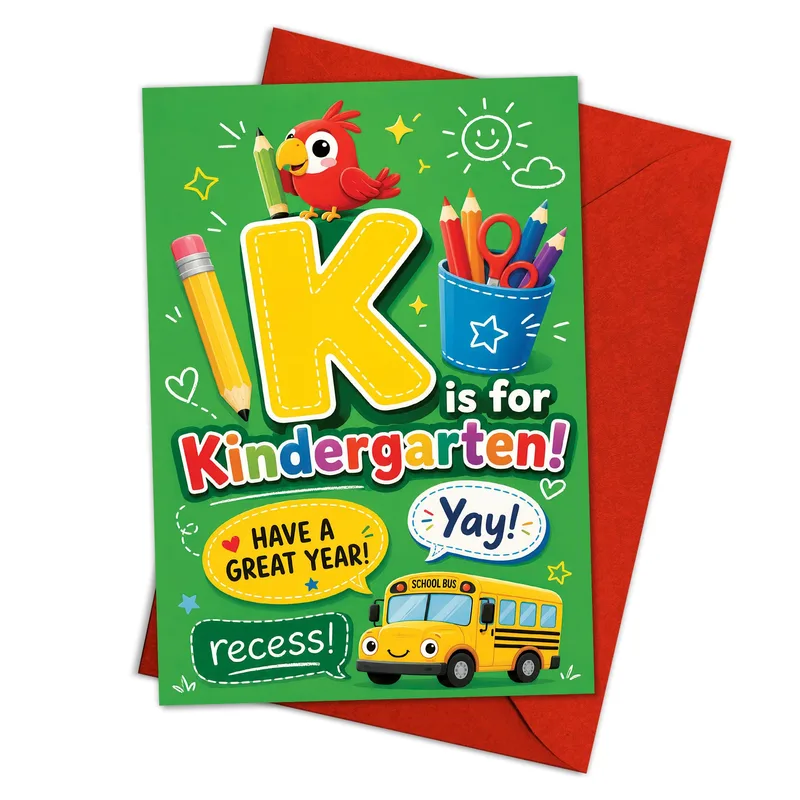 Green Cartoon School Bus Card Celebrates the First Day of Class