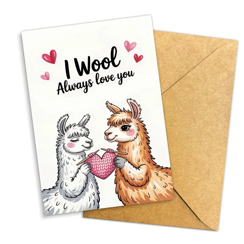 Llamas Holding Heart Love Card – Greeting Card in natural