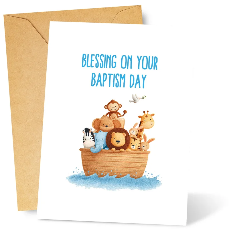 Noah's Ark Animals Blue Card: A Watercolor Baptism Greeting for Boys