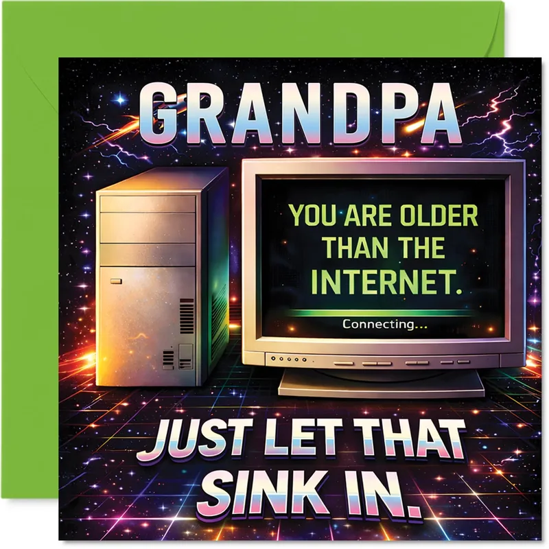 Retro Computer Neon Scene Card: Grandpa Older Than Internet Joke