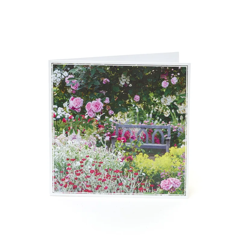 Pink Flower Garden Scene Card: A Lush Floral Bench Greeting