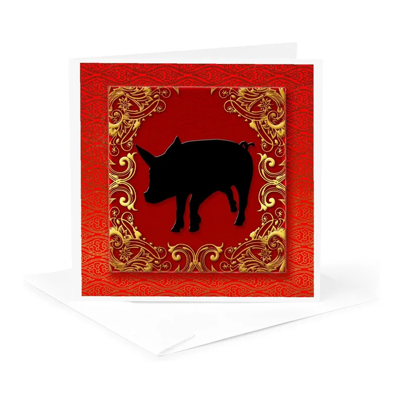 Black Pig on Red Card: A Bold Silhouette Design for Zodiac Lovers