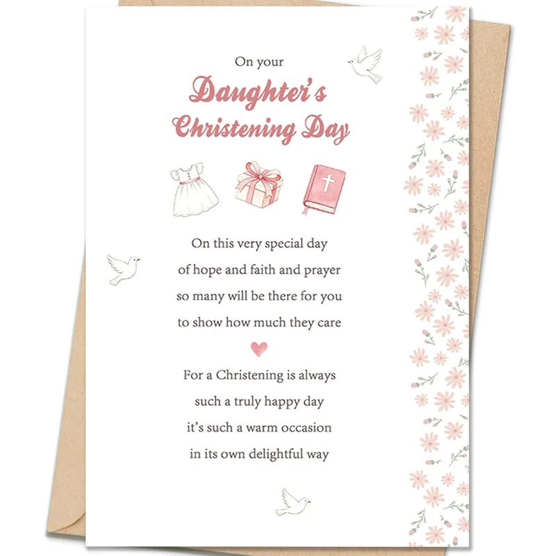 Pink Floral Border Christening Card for a Daughter's Special Day