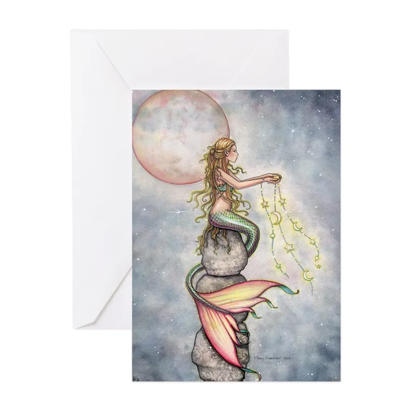 Mermaid with Moon Card: A Watercolor Fantasy of Stars and Tides