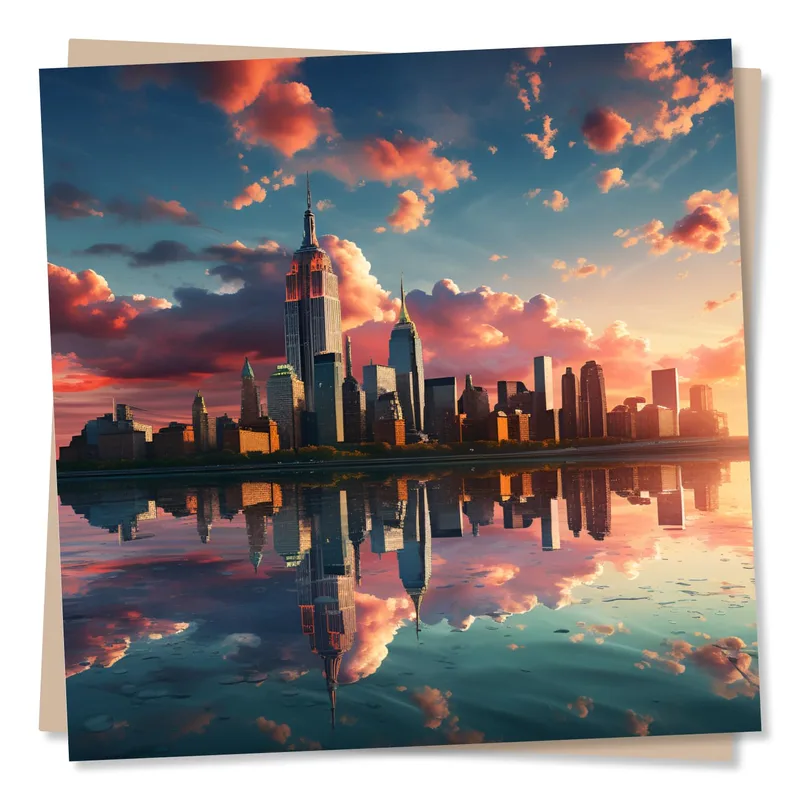 Sunset Skyline Reflection Card: A Vibrant Cityscape Greeting