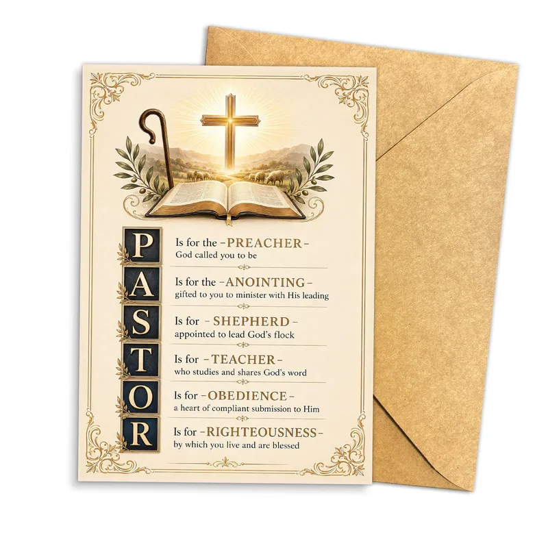 Gold Pastor Acrostic Card featuring an open Bible
