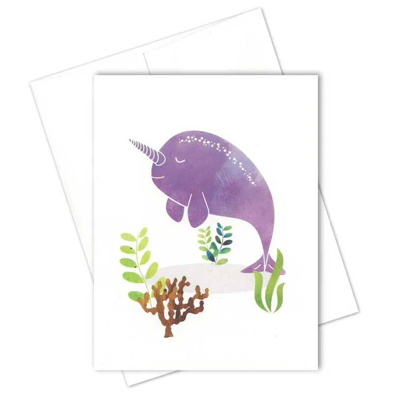 Purple Narwhal Watercolor Card: A Whimsical Sea Creature Design