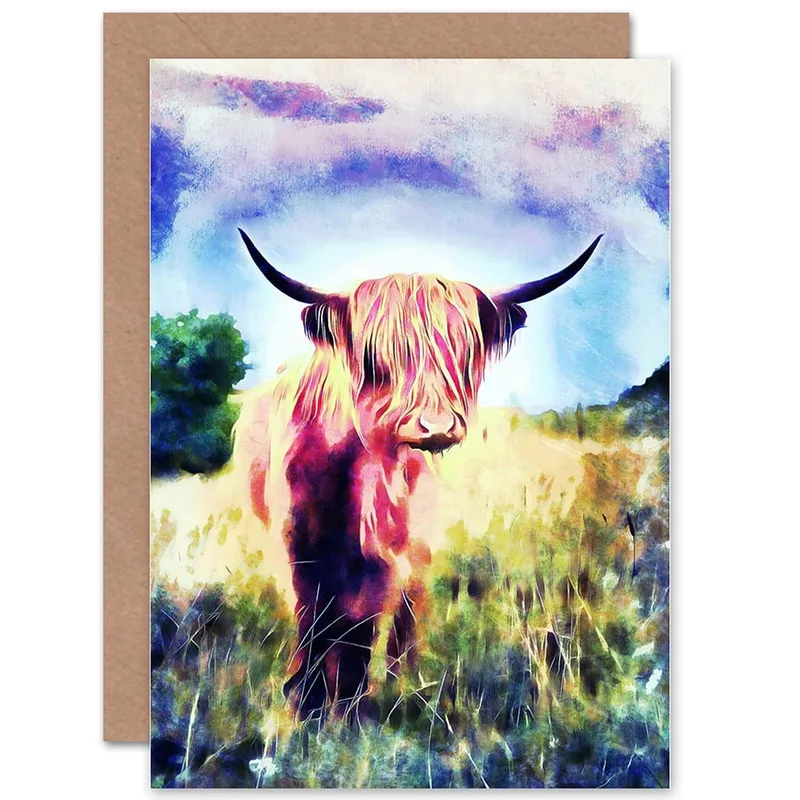 Colorful Highland Cow Painting Card for Farm Lovers