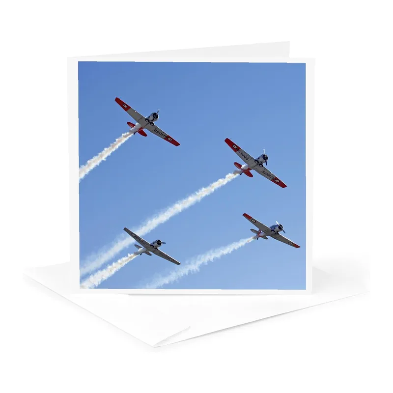 Four Planes Blue Sky Card: Aerobatic Stunt Planes in Formation