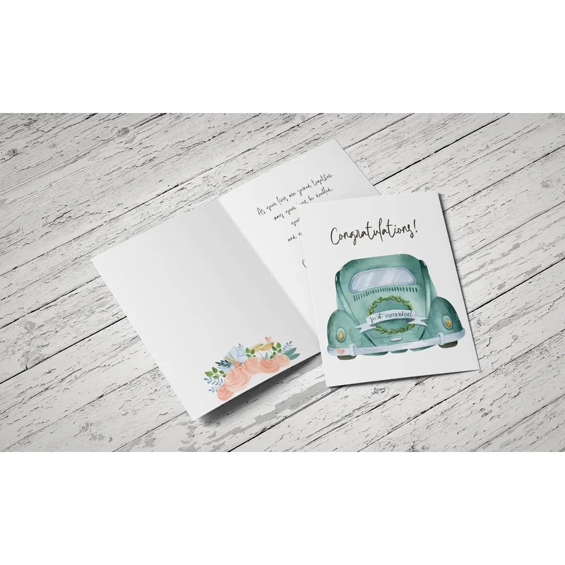 Teal Vintage Car Wedding Card for a Retro Nuptial Greeting