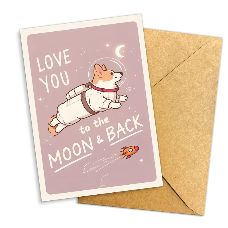 Pink Corgi Astronaut Love Card for Space-Loving Dog Fans