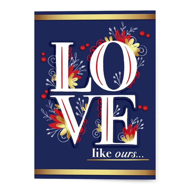 Navy Gold Floral LOVE Card: Bold Typography and Red Flowers