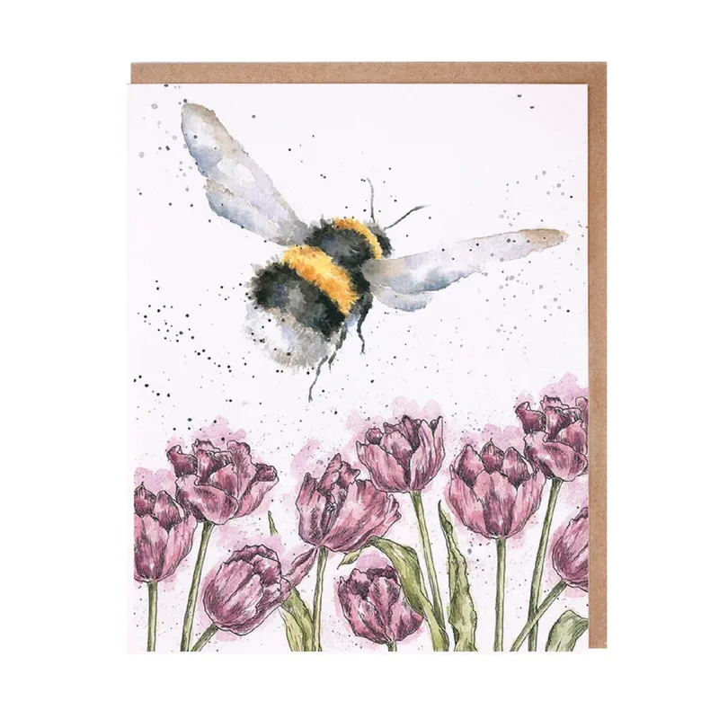 Watercolor Bumblebee Tulips Card: A Humorous Floral Greeting