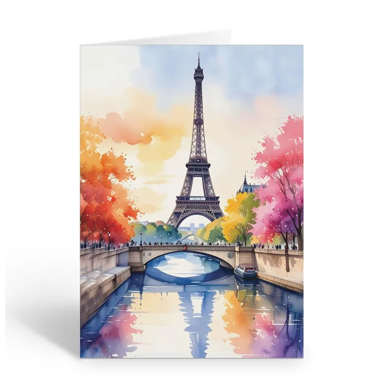 Watercolor Paris Eiffel Tower Card: A Scenic Autumn Greeting