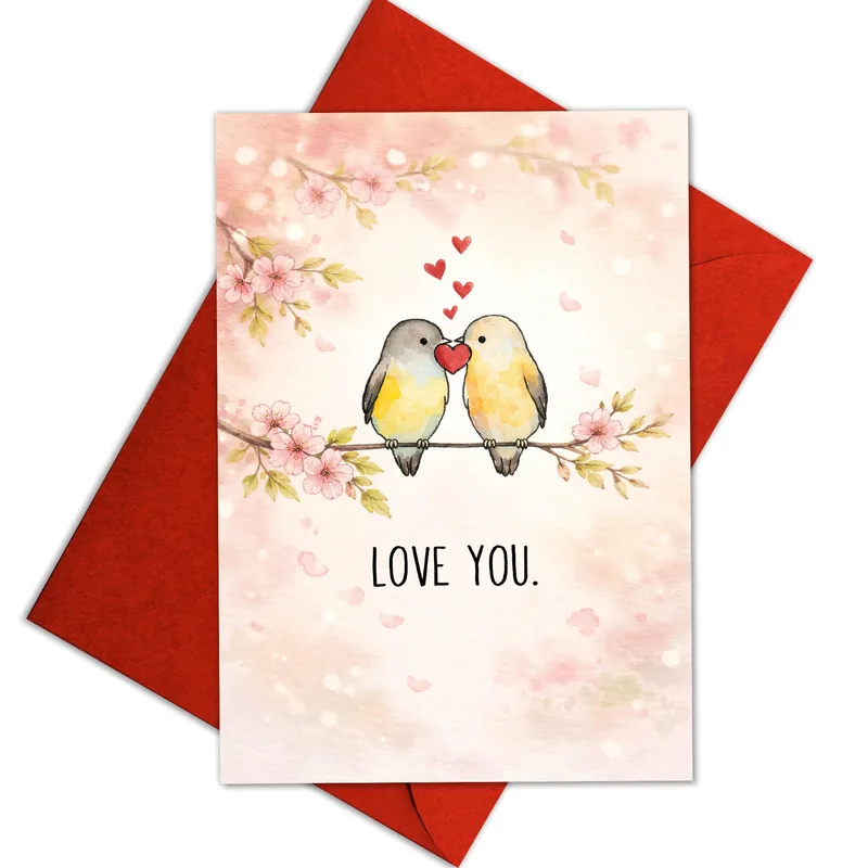 Lovebirds on Blossom Branch Card: A Romantic Watercolor Design