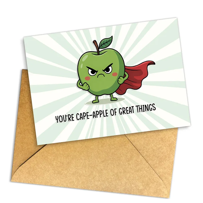 Green Apple Superhero Encouragement Card: Cape-Apple of Great Things