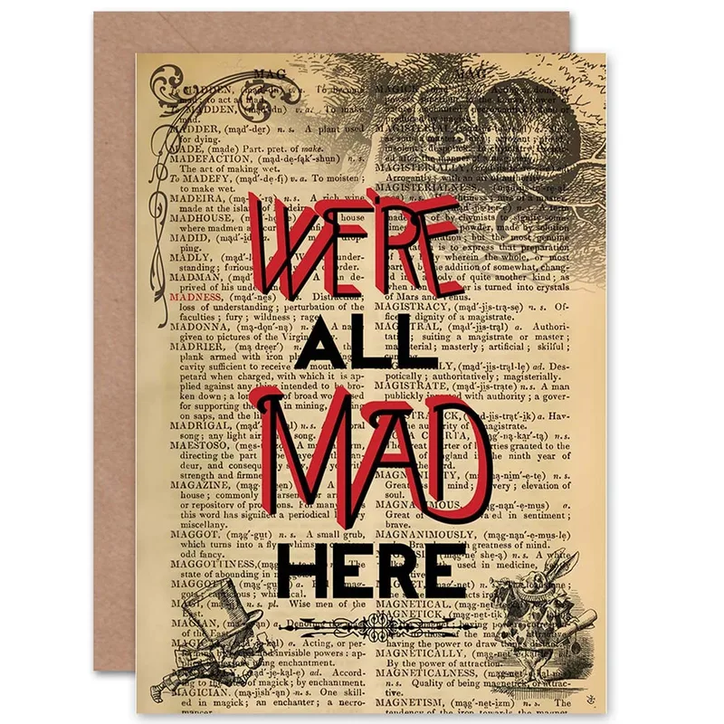 Vintage Alice Wonderland Page Card: We're All Mad Here Design