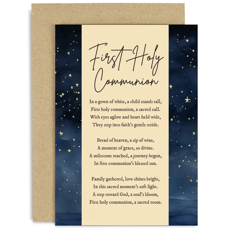 Navy Starry Poem Card Celebrating First Holy Communion with Stars