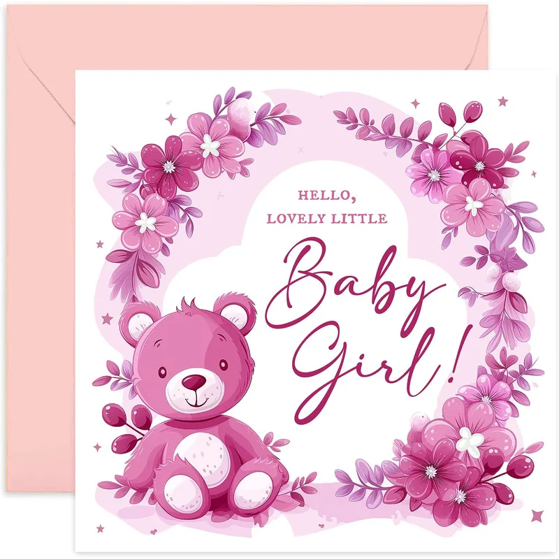 Teddy Bear Flowers New Baby Card Welcomes a Sweet Little One