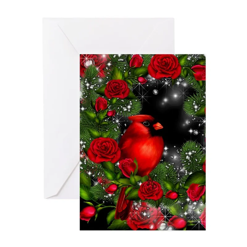 Red Cardinal and Roses Card: A Sparkling Floral Frame