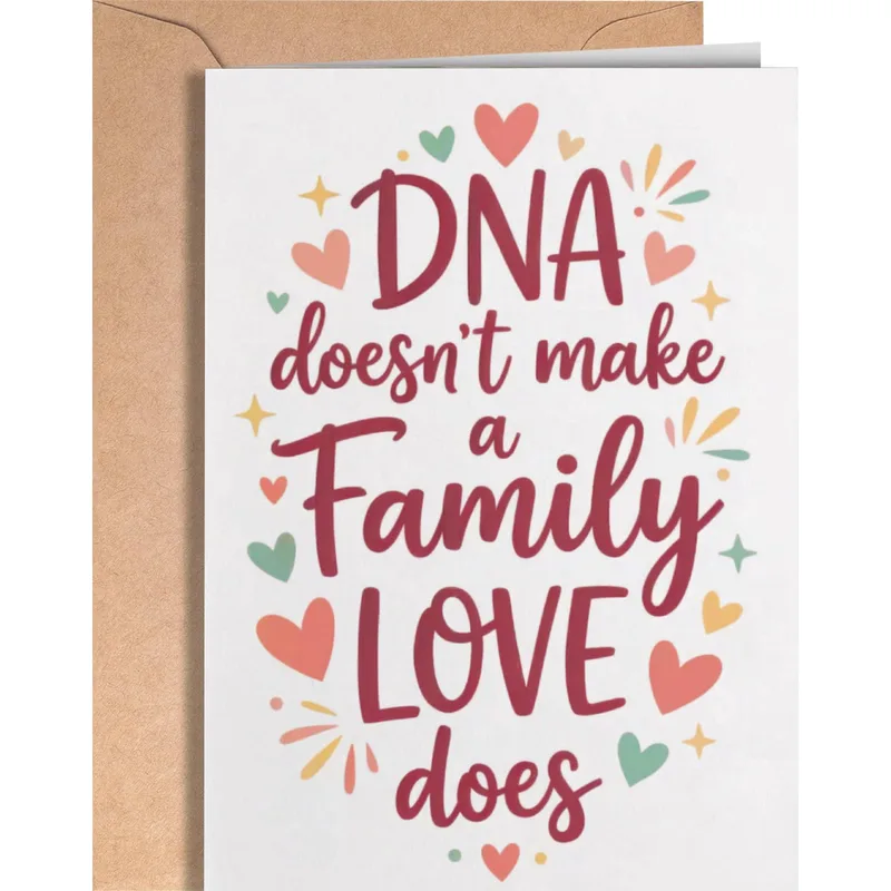 Colorful Hearts Family Quote Card Celebrating Love Over Biology