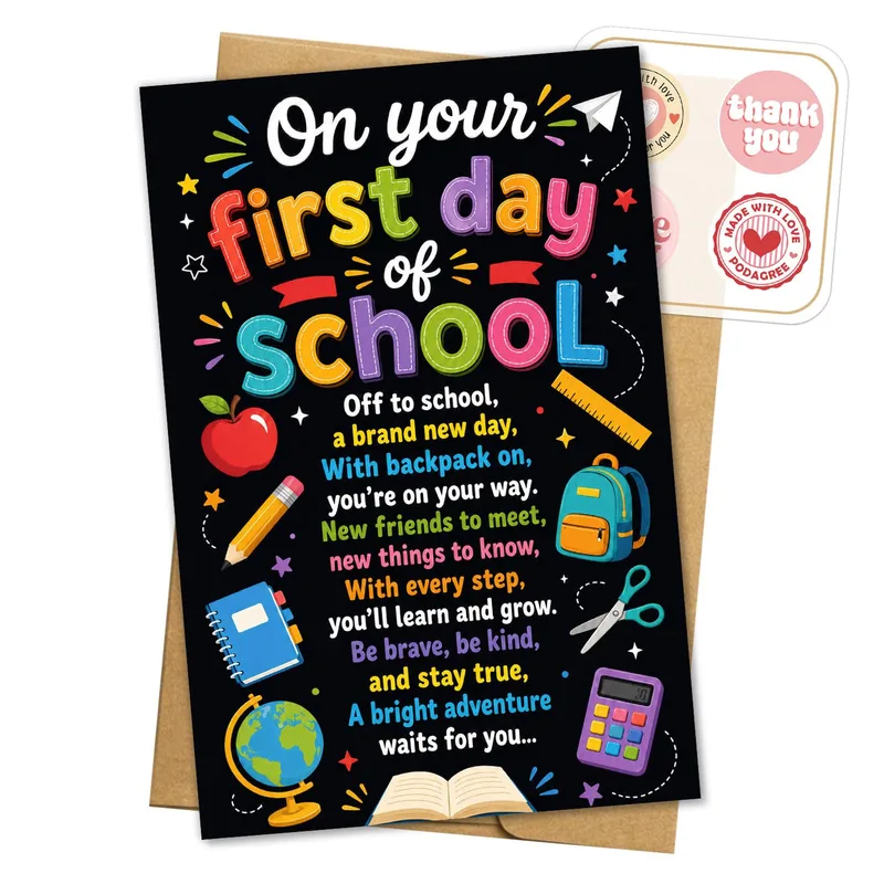 Chalkboard Back to School Card features colorful icons