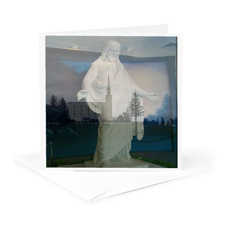 Statue of Christ Photo Card: A Serene Double Exposure Design