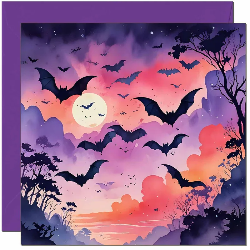 Purple Sky Bat Silhouettes Card for Gothic Thank You Notes