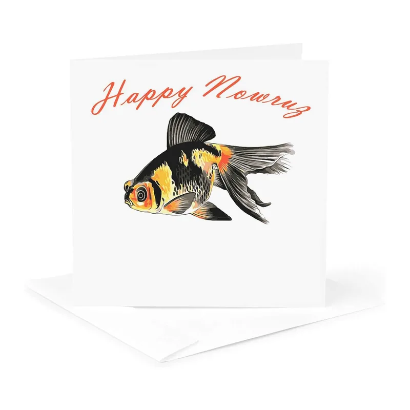 Red Script Goldfish Card: A Festive Greeting for Nowruz Celebrations