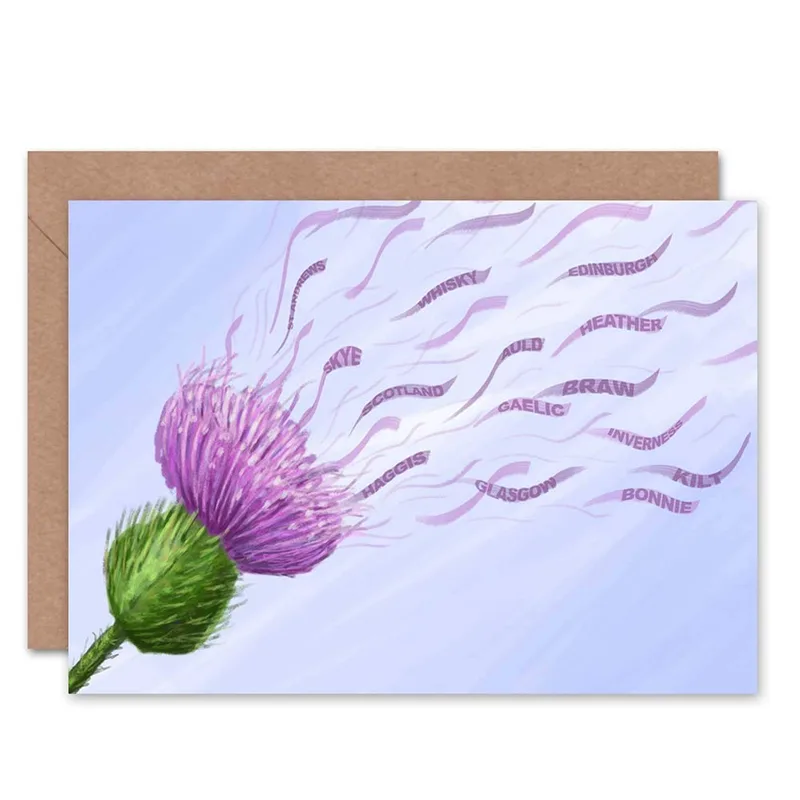 Purple Thistle Watercolor Card: Scottish Words Blowing in the Wind
