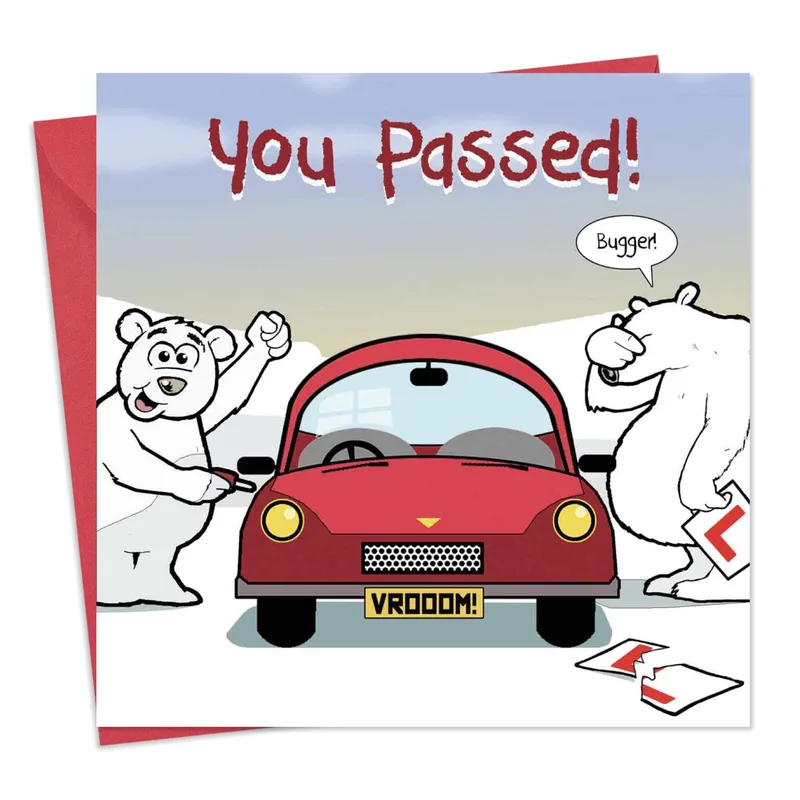 Pushing Red Car Congratulations Card for Driving Test Success
