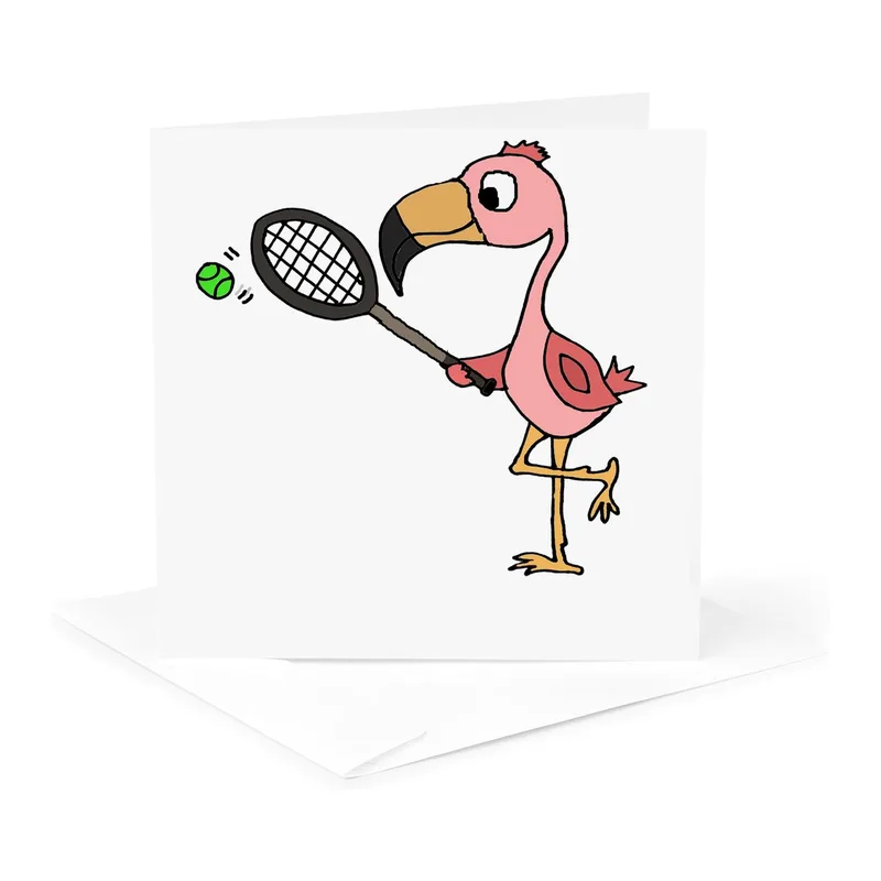 Flamingo Tennis Cartoon Card – Pink flamingo holding a tennis racket and hitting a green ball – Greeting Card in natural