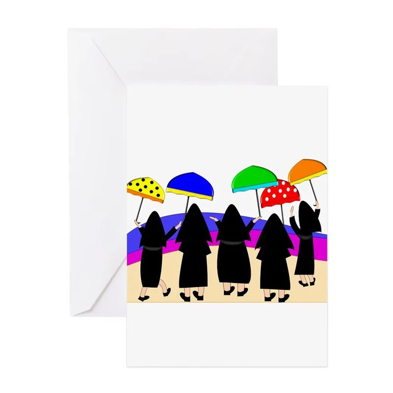 Black Nuns with Umbrellas Card: A Funny Greeting for Joyful Moments