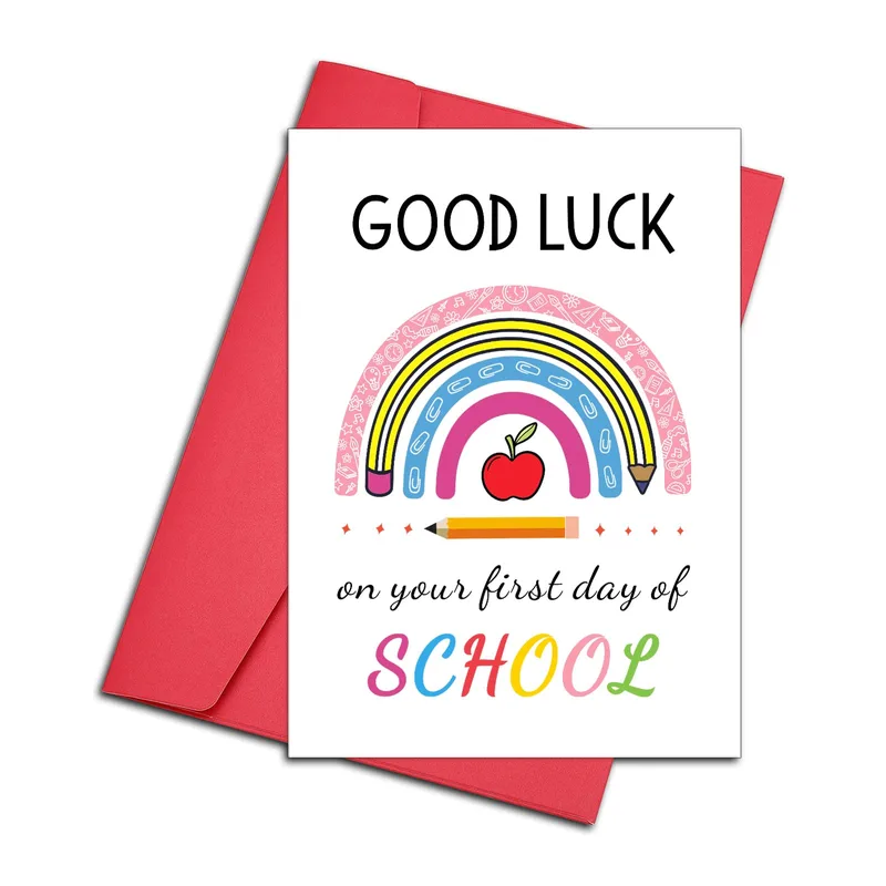 Rainbow Apple Pencil Good Luck Card for First Day of School