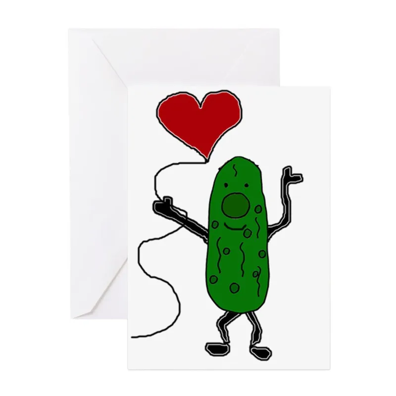 Holding Heart Balloon Love Card: A Pickle With a Red Heart