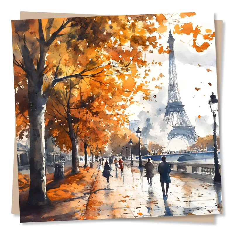 Autumn Paris Watercolor Scene Card: Eiffel Tower Art
