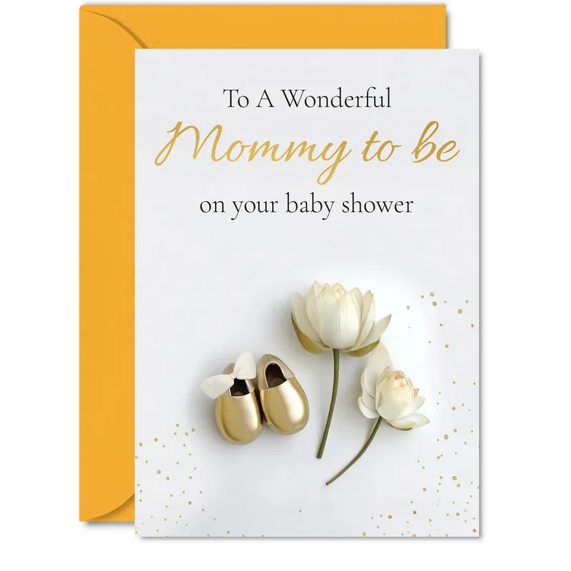 Gold Baby Shoes Tulips Card for Expectant Mothers