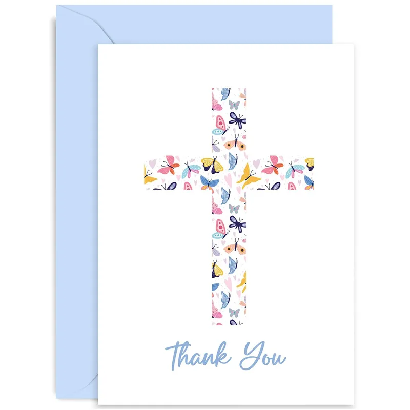 Butterfly Cross Pattern Thank You Card for Baptism Gifts