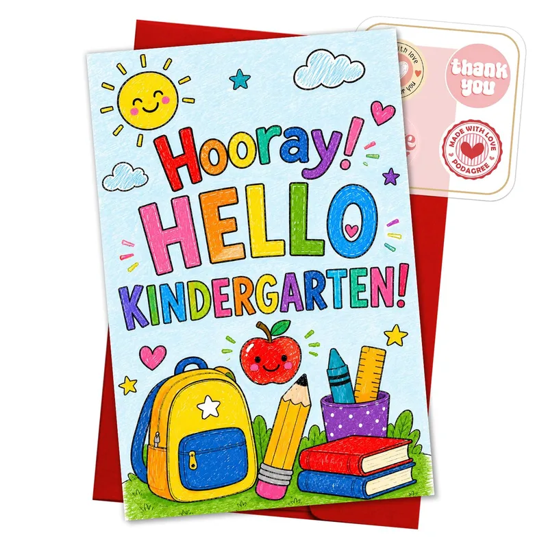 Backpack Books Colorful Card Celebrating Hello Kindergarten First Day