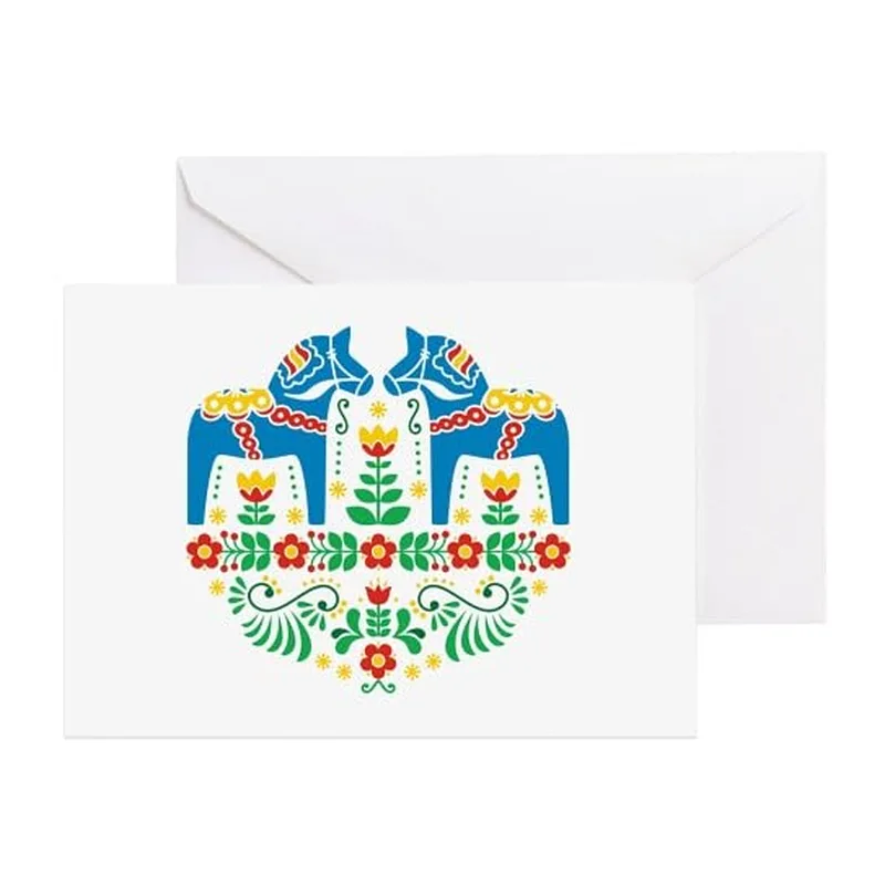 Blue Red Dala Horse Card: Symmetrical Folk Art Greeting
