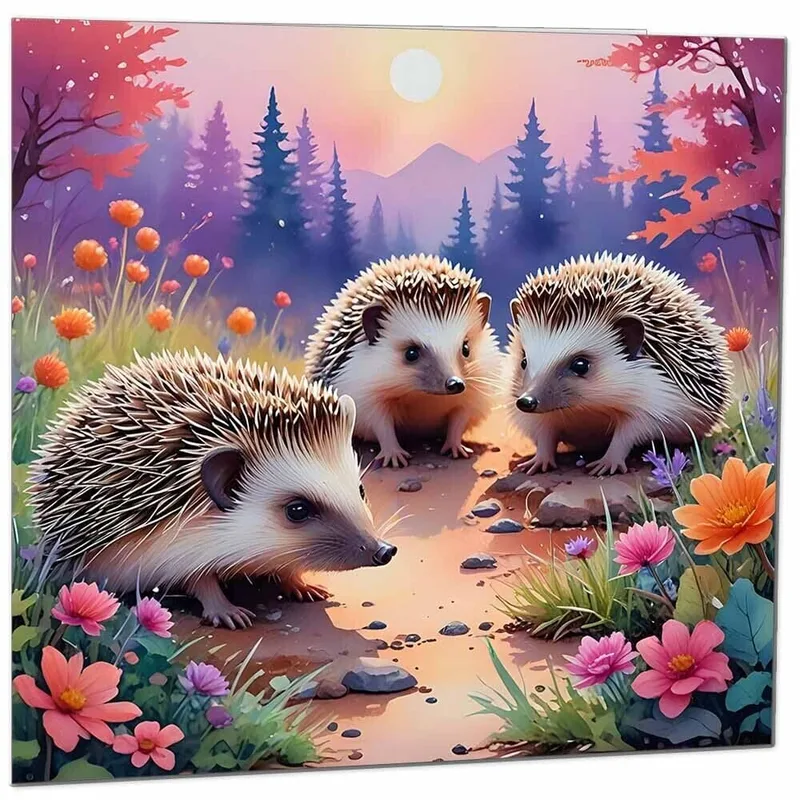 Three Hedgehogs Forest Card: A Whimsical Woodland Illustration