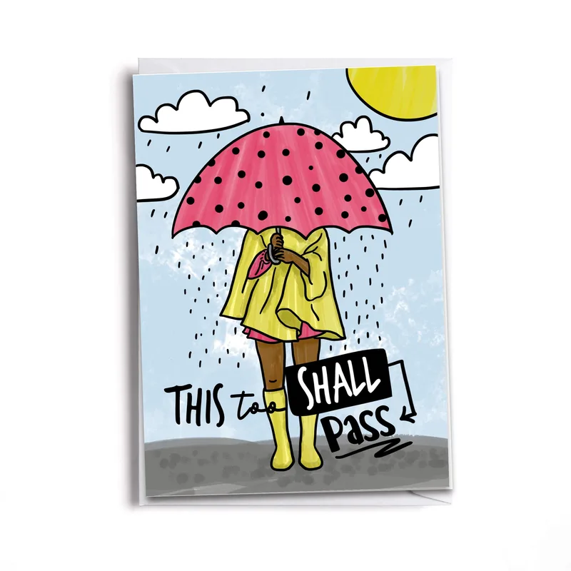 Girl Under Pink Umbrella Card: This Too Shall Pass Design