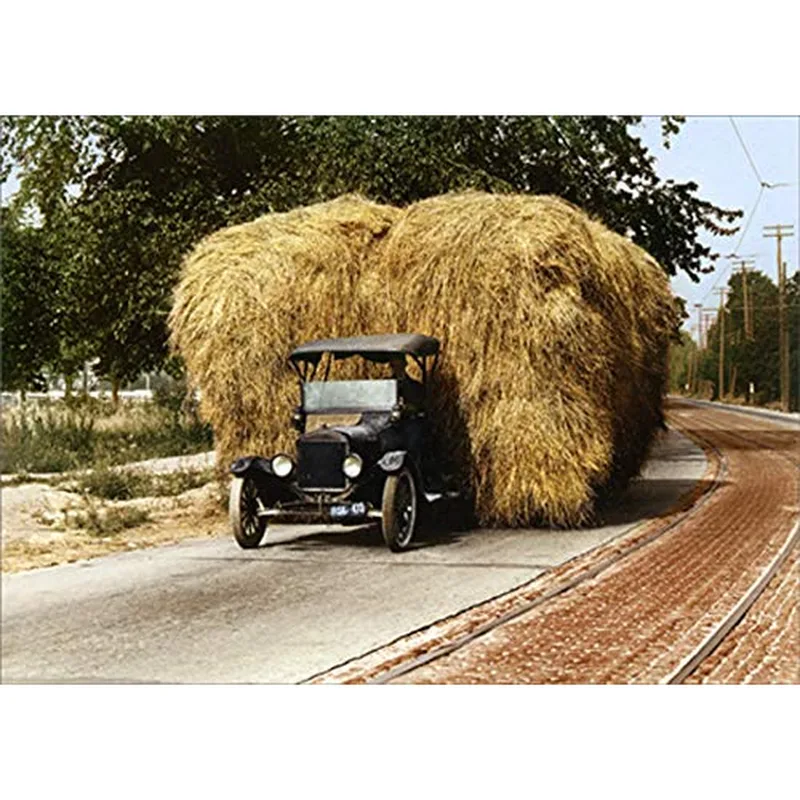 Vintage Car Hay Bale Card: A Model T Hauling a Massive Load