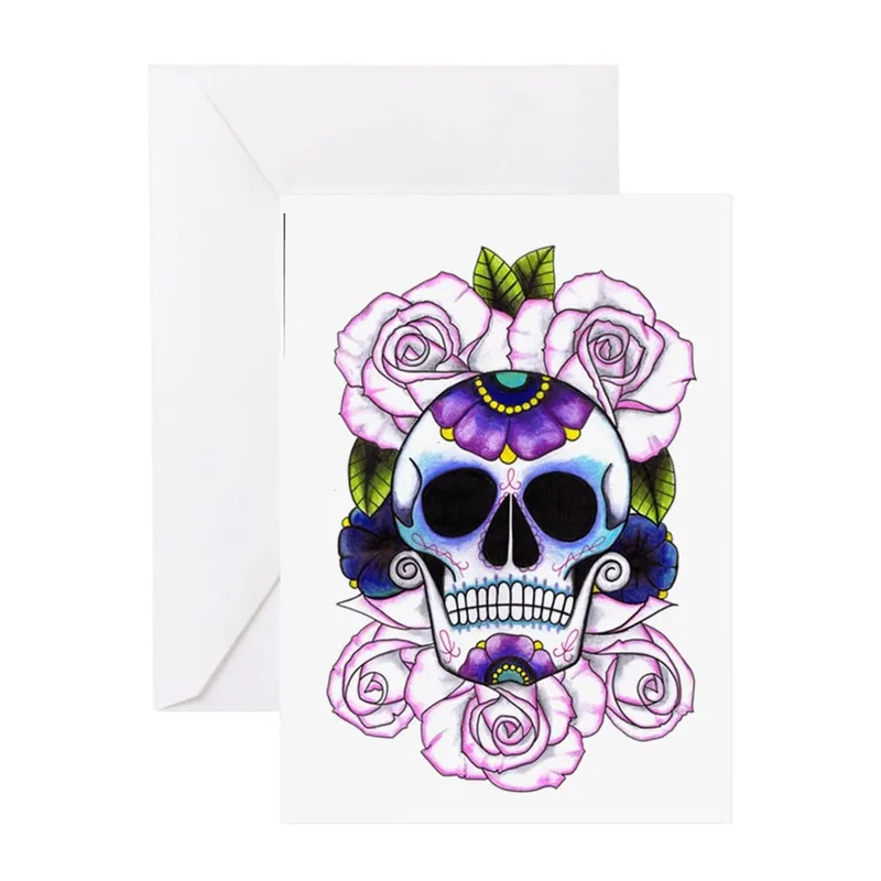 Sugar Skull Purple Roses Card: Tattoo-Style Art for Thank You Notes