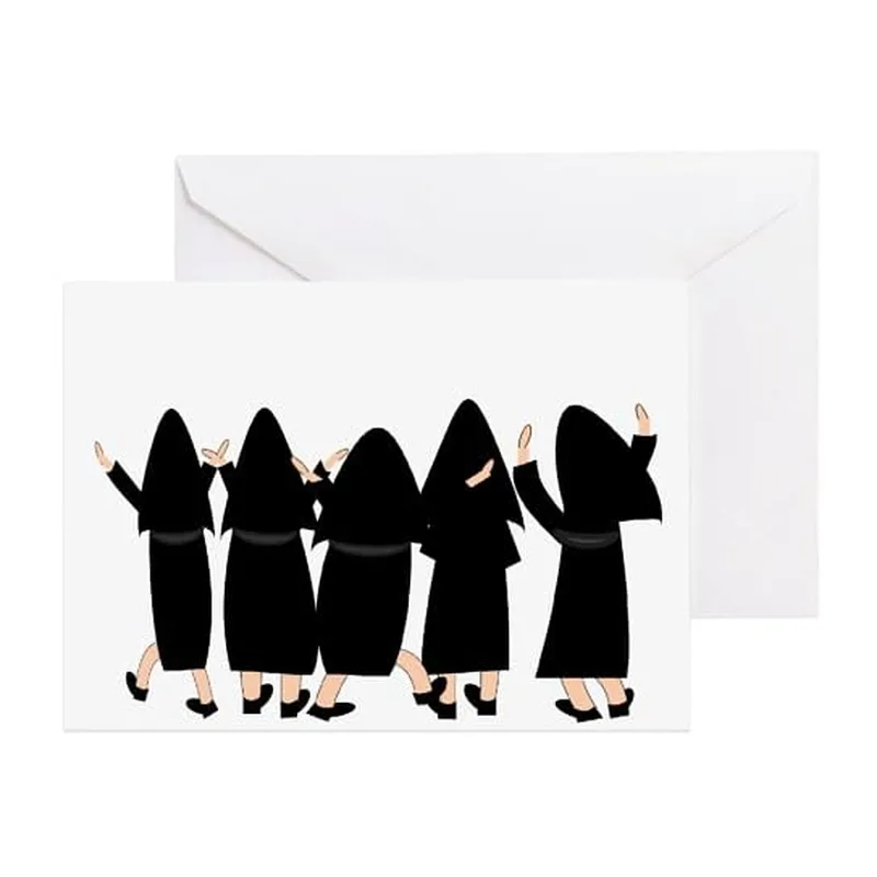 Black Nuns Walking Card: A Funny Illustration of Five Figures in Habit